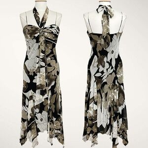 VTG Y2K Women Dress 12 Brown Floral Halter Beaded Handkercheif Hem Forrest Fairy